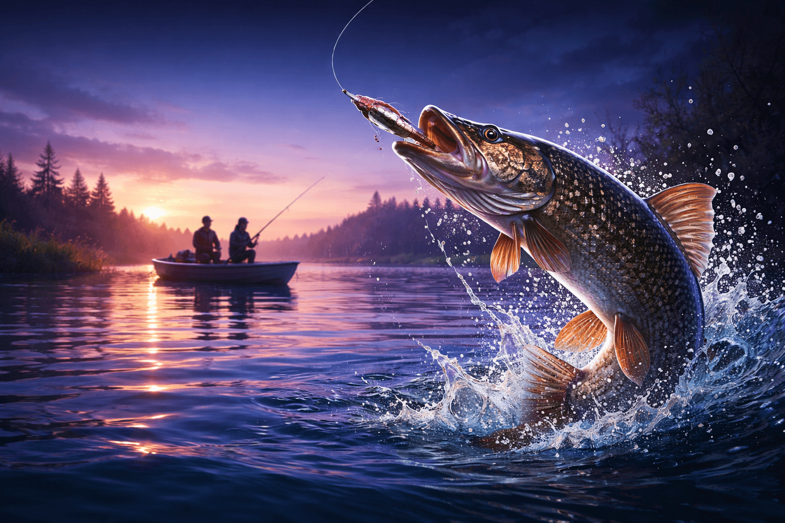 Pike competition scene with fish action and length measurement lane.